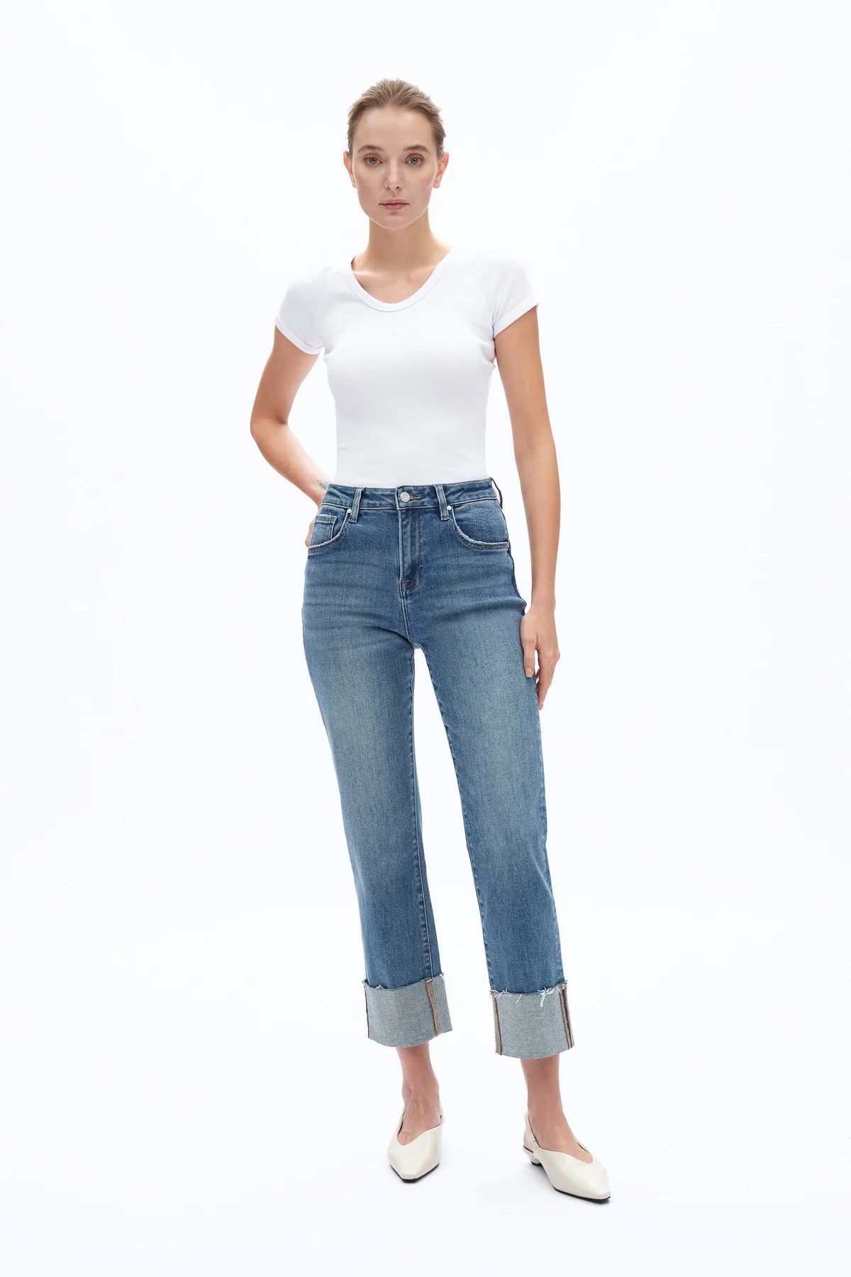 High Rise Cuffed Straight Leg Jeans
