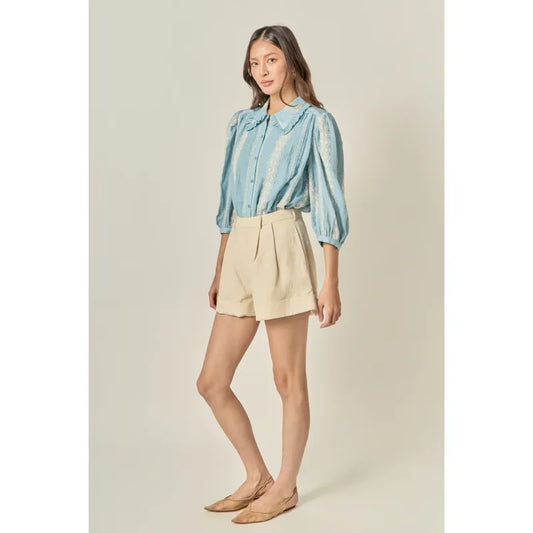 Embroidered Ruffle Collar Blouse