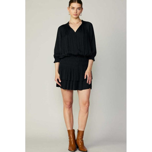 Pleated 3/4 Sleeve Mini Dress