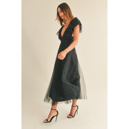 Deep V Tulle Midi Dress