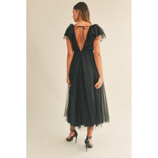 Deep V Tulle Midi Dress