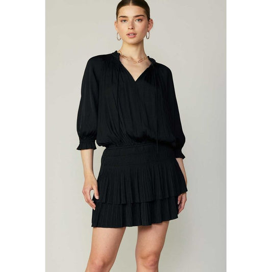 Pleated 3/4 Sleeve Mini Dress