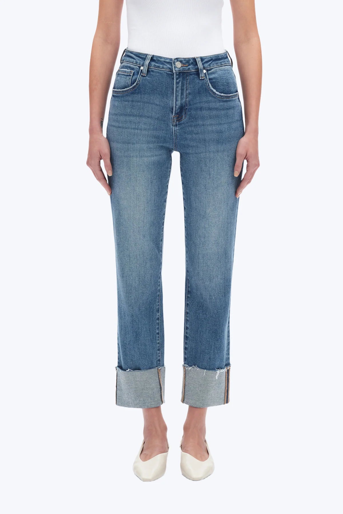 High Rise Cuffed Straight Leg Jeans