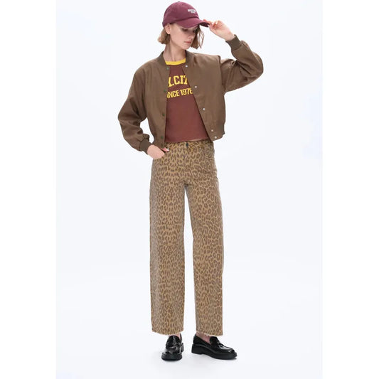 Mid Rise Leopard Print Straight Pants