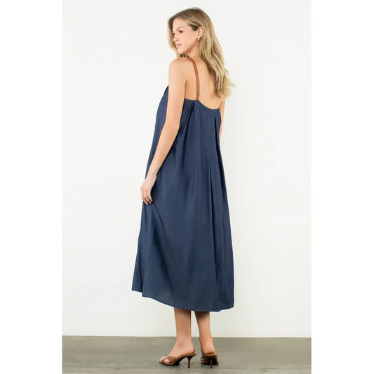 Denim Midi Dress with Leather Straps