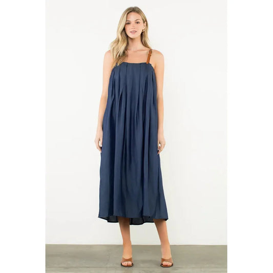 Denim Midi Dress with Leather Straps