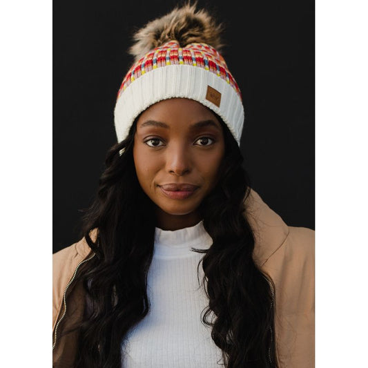 White and Multi Pom Hat